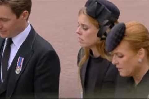 Heart-wrenching moment Princess Beatrice’s husband comforts her as they walk home after Queen’s..