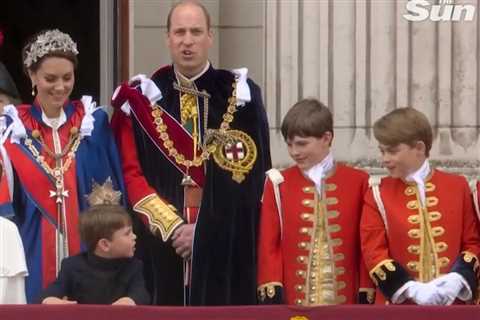 Adorable moment Prince Louis leans over to chat to big brother George as they brave rain on..