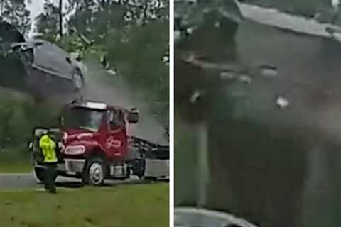 Car Rockets 120ft After Ramping Off Tow Truck in Wild Crash Footage from Georgia