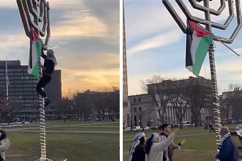 Pro-Palestinian Yale Student Scales Menorah and Plants Palestinian Flag