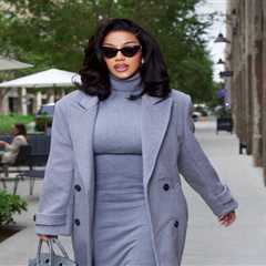 Cardi B Takes Meetings in a Helsa Studio Gray Wool Coat and Knit Turtleneck Dress