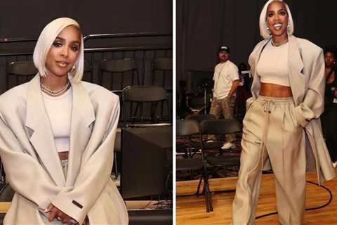 Kelly Rowland Slayed in A Nude  Oversized Fear of God Suit at the Kia NBA Tip-Off 2024