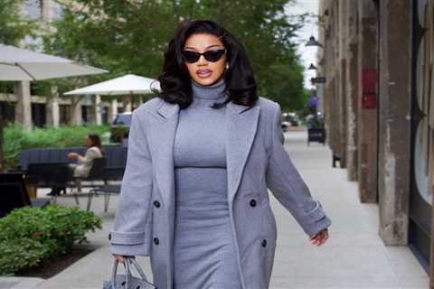 Cardi B Takes Meetings in a Helsa Studio Gray Wool Coat and Knit Turtleneck Dress