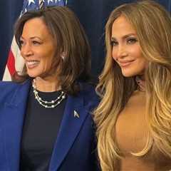 Jennifer Lopez Speaks at Kamala Harris Rally in LA wearing a Brown Alex Perry Dress