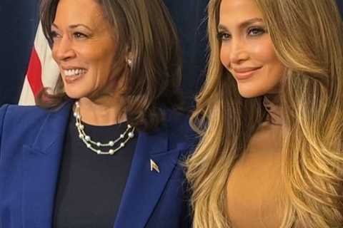 Jennifer Lopez Speaks at Kamala Harris Rally in LA wearing a Brown Alex Perry Dress