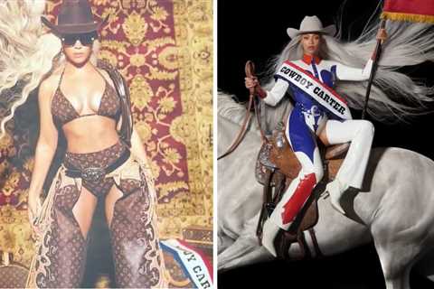 Beyonce Slays in a Louis Vuitton Monogram Swimsuit with Matching Chaps For Cowboy Carter Promo