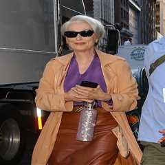 Meryl Streep Wears Purple Blouse and Brown Leather Skirt on Set of Devil Wears Prada 2