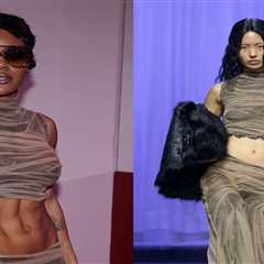 Teyana Taylor Wears a Sheer Two-Piece Look from Dipetsa Fall 2025 with Schiaparelli Clutch and..