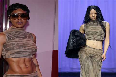Teyana Taylor Wears a Sheer Two-Piece Look from Dipetsa Fall 2025 with Schiaparelli Clutch and..