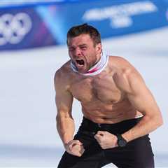 Austrian snowboarder Benjamin Karl rips off shirt after winning gold in his final Olympics