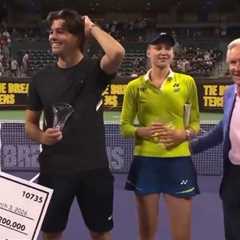 Tennis star Elena Rybakina removes presenter’s hand from her back in awkward trophy ceremony