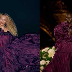 Beyonce Grabs Dinner in Plum Taffeta Spring 2026 Saint Laurent Gown and Pearl Cult Gaia