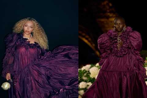 Beyonce Grabs Dinner in Plum Taffeta Spring 2026 Saint Laurent Gown and Pearl Cult Gaia