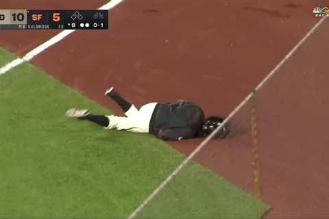 Giants ball woman takes gnarly tumble chasing down souvenir